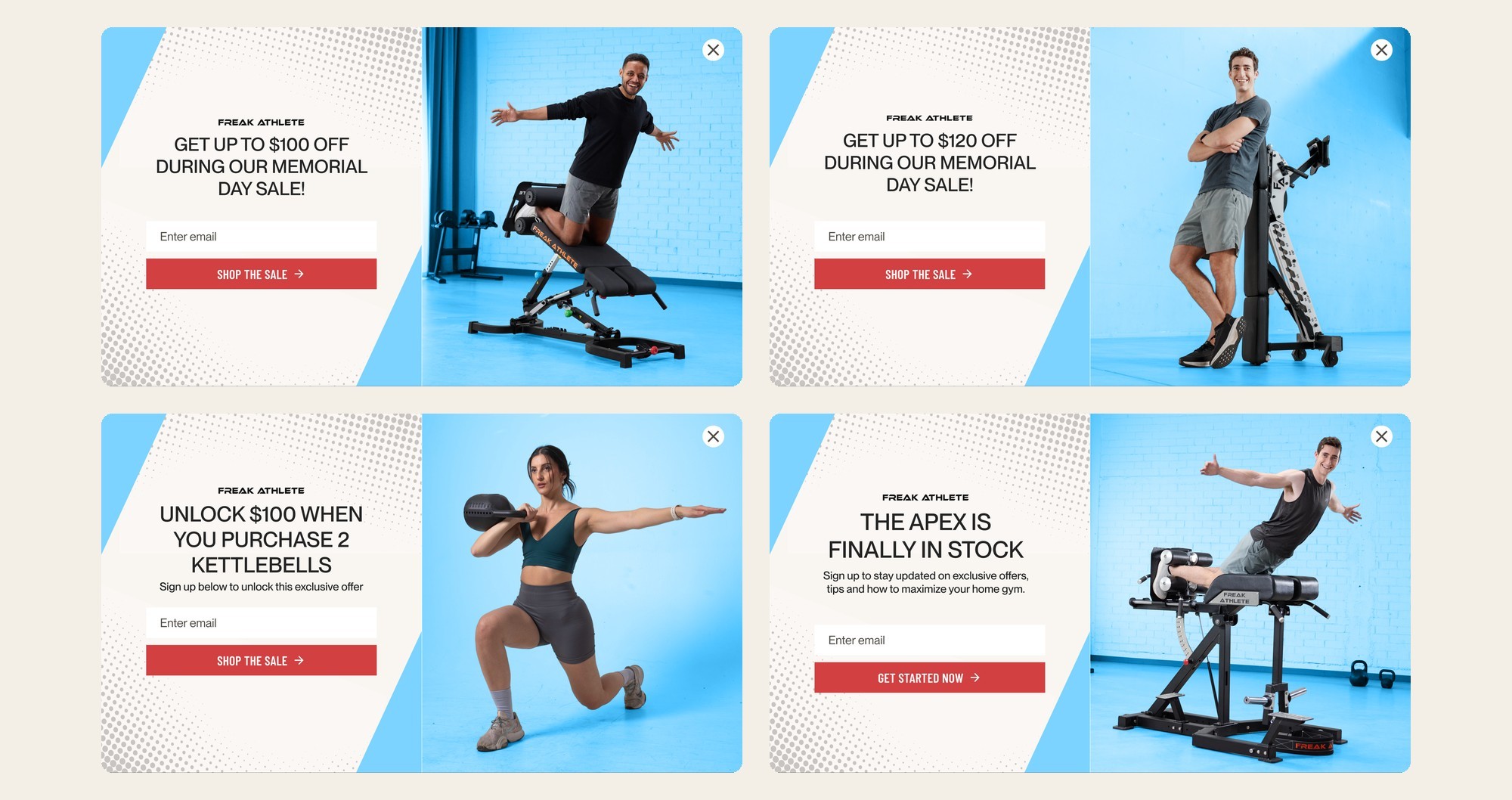 Four Freak Athlete email capture popups for Hyper Pro, ABX, Kettlebell, and Apex campaigns