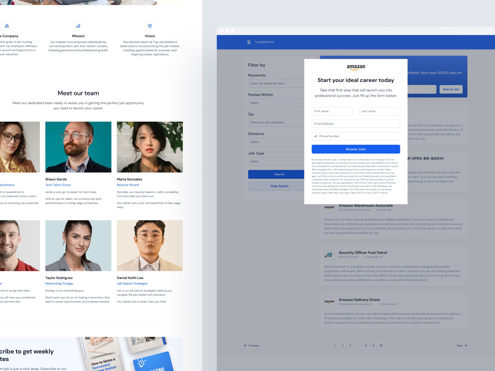 Top Job Market desktop pages: job listings and articles