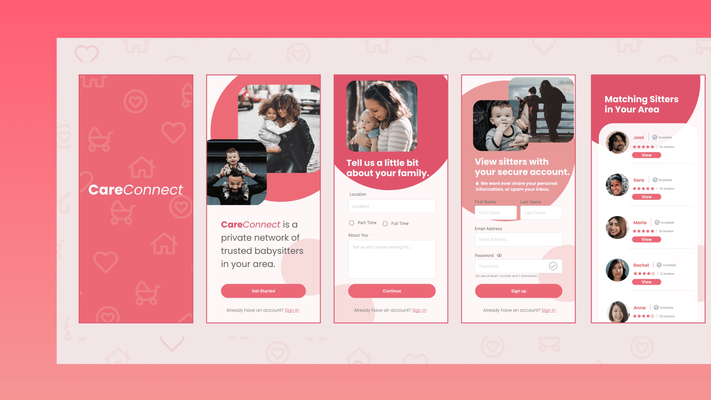 CareConnect onboarding screens, from the welcome screen to matching sitters in your area