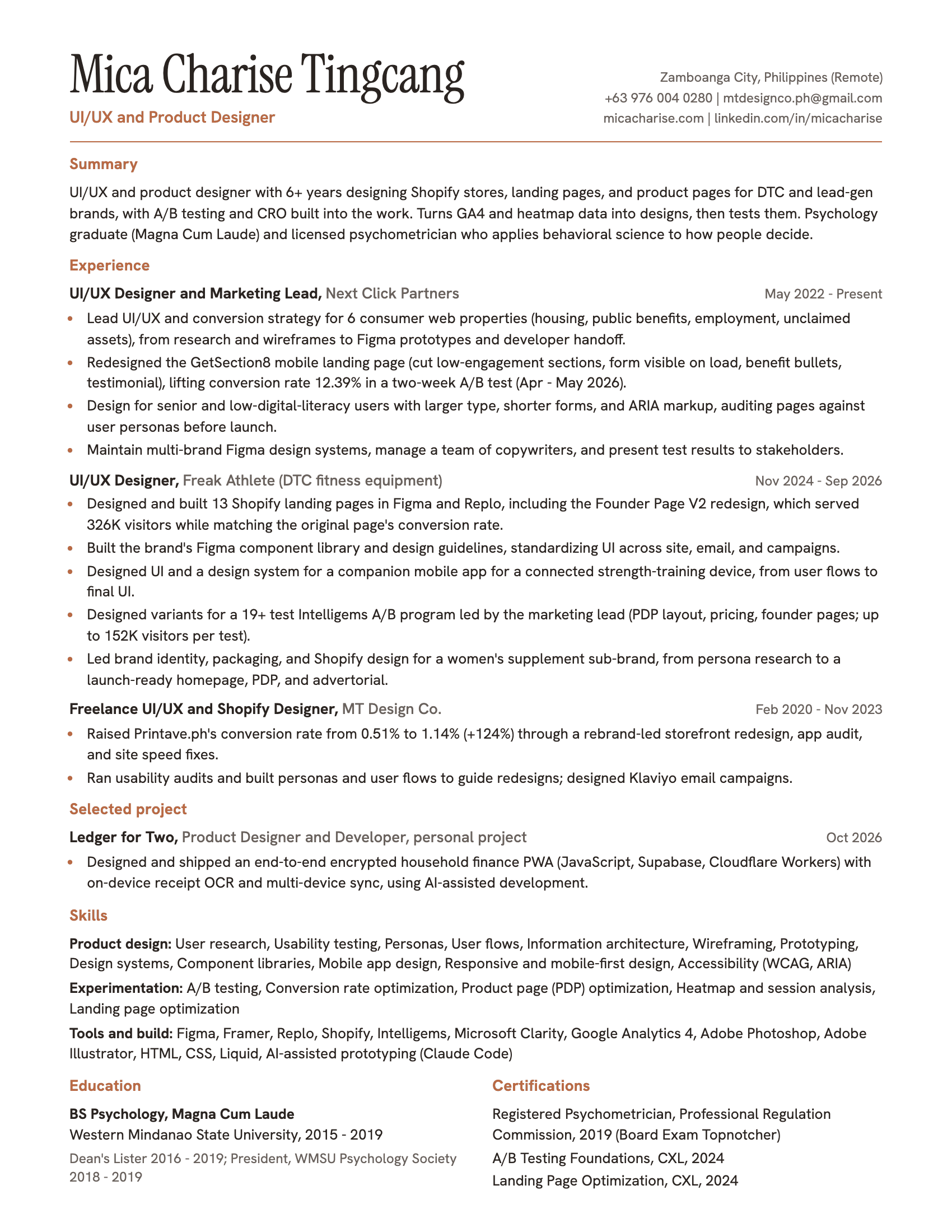 Resume of Mica Charise Tingcang, UI/UX and Product Designer