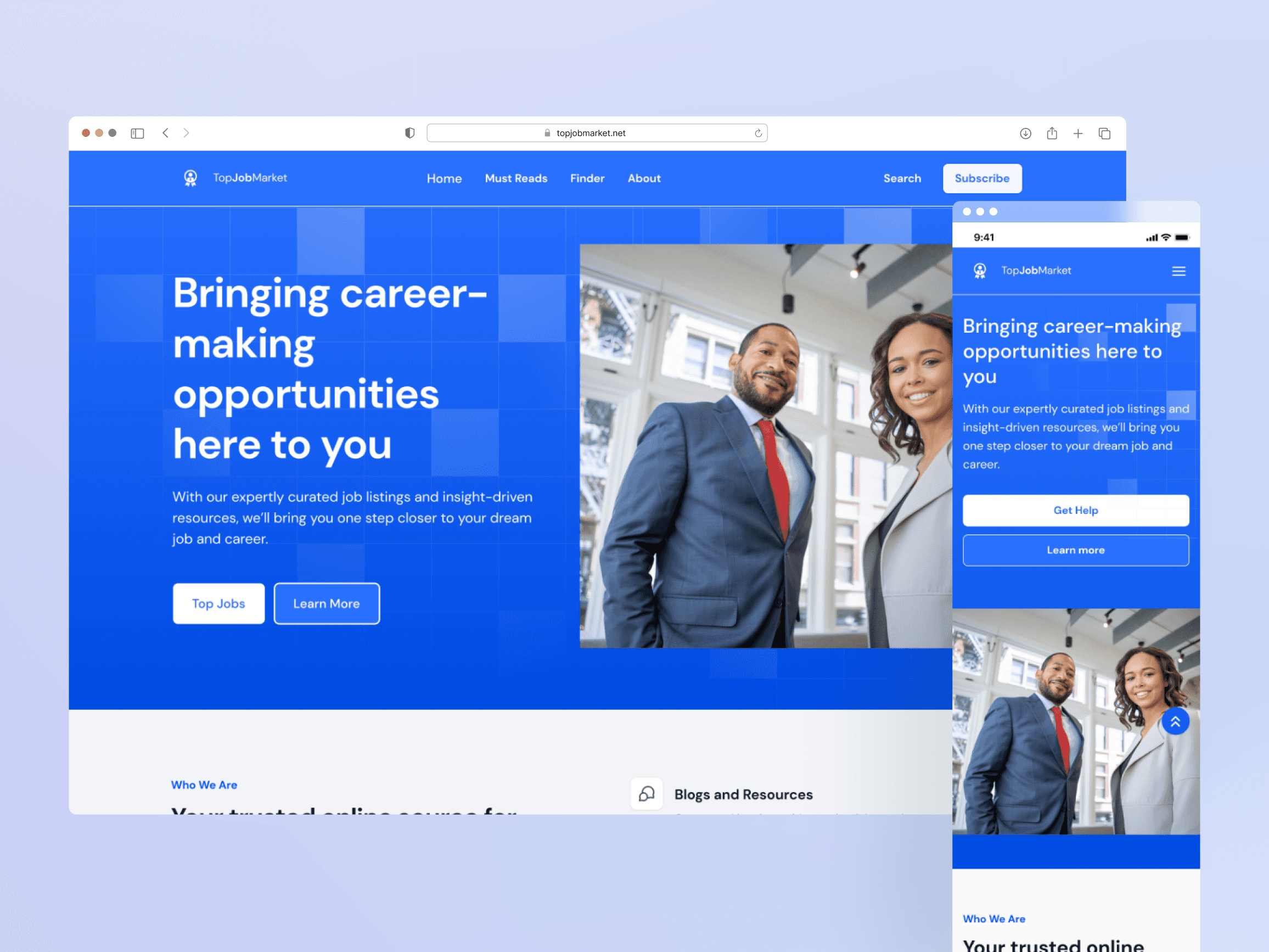 Top Job Market redesigned homepage on desktop and mobile