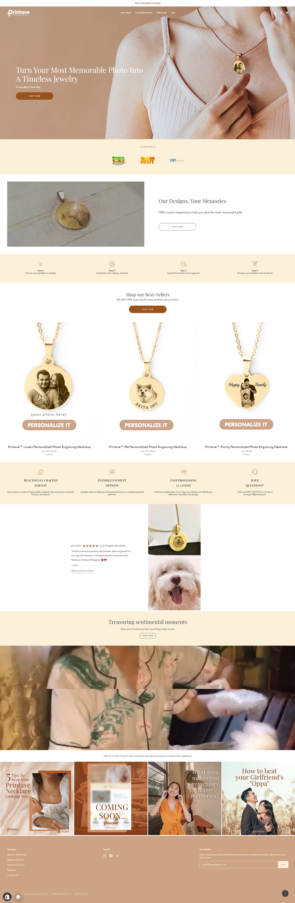 Printave homepage after the rebuild: warm palette, step-by-step personalization, best-sellers