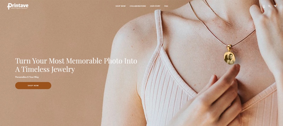 Redesigned Printave homepage hero with a photo-engraved pendant