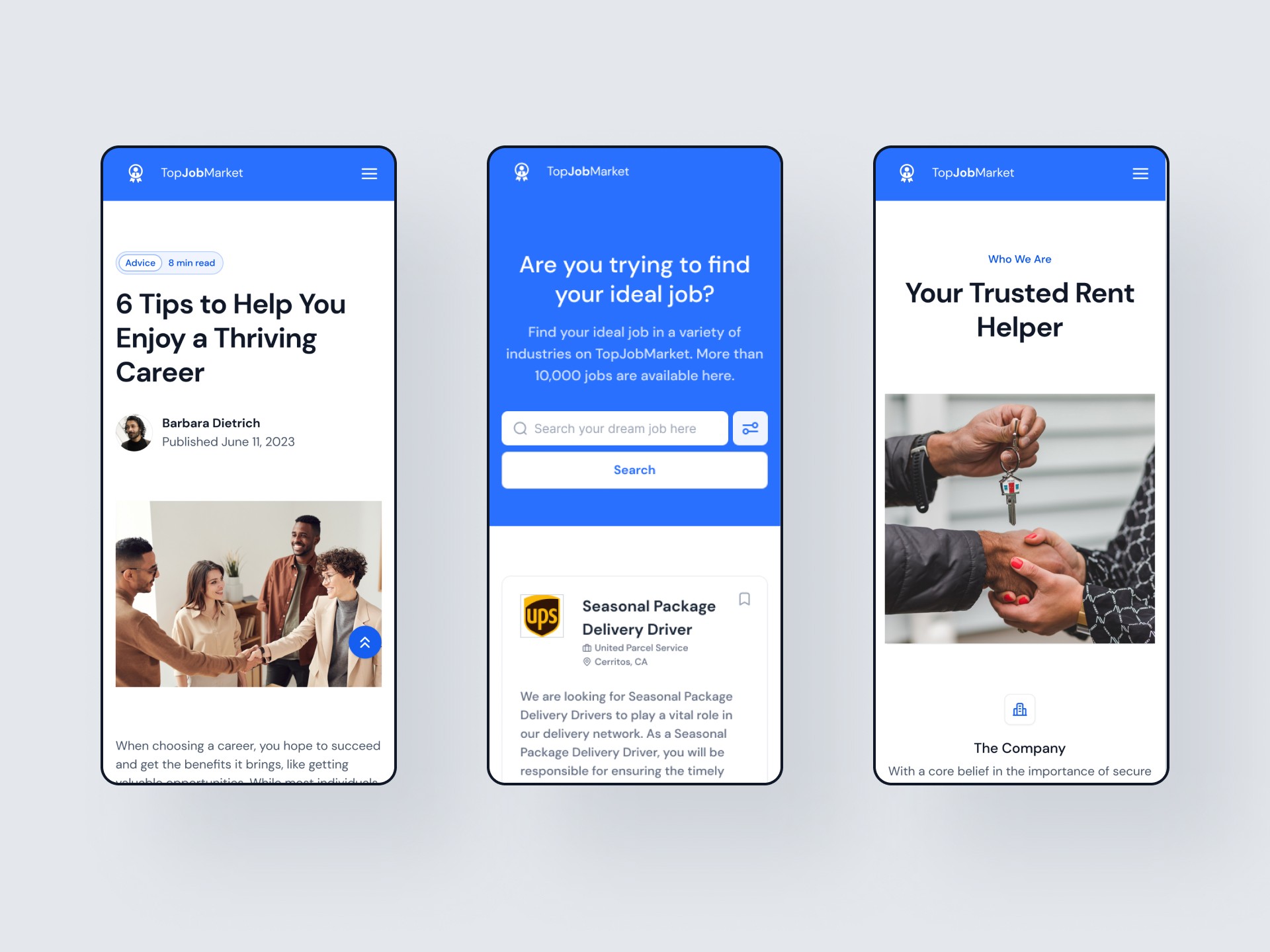 Top Job Market mobile screens: job finder and resources