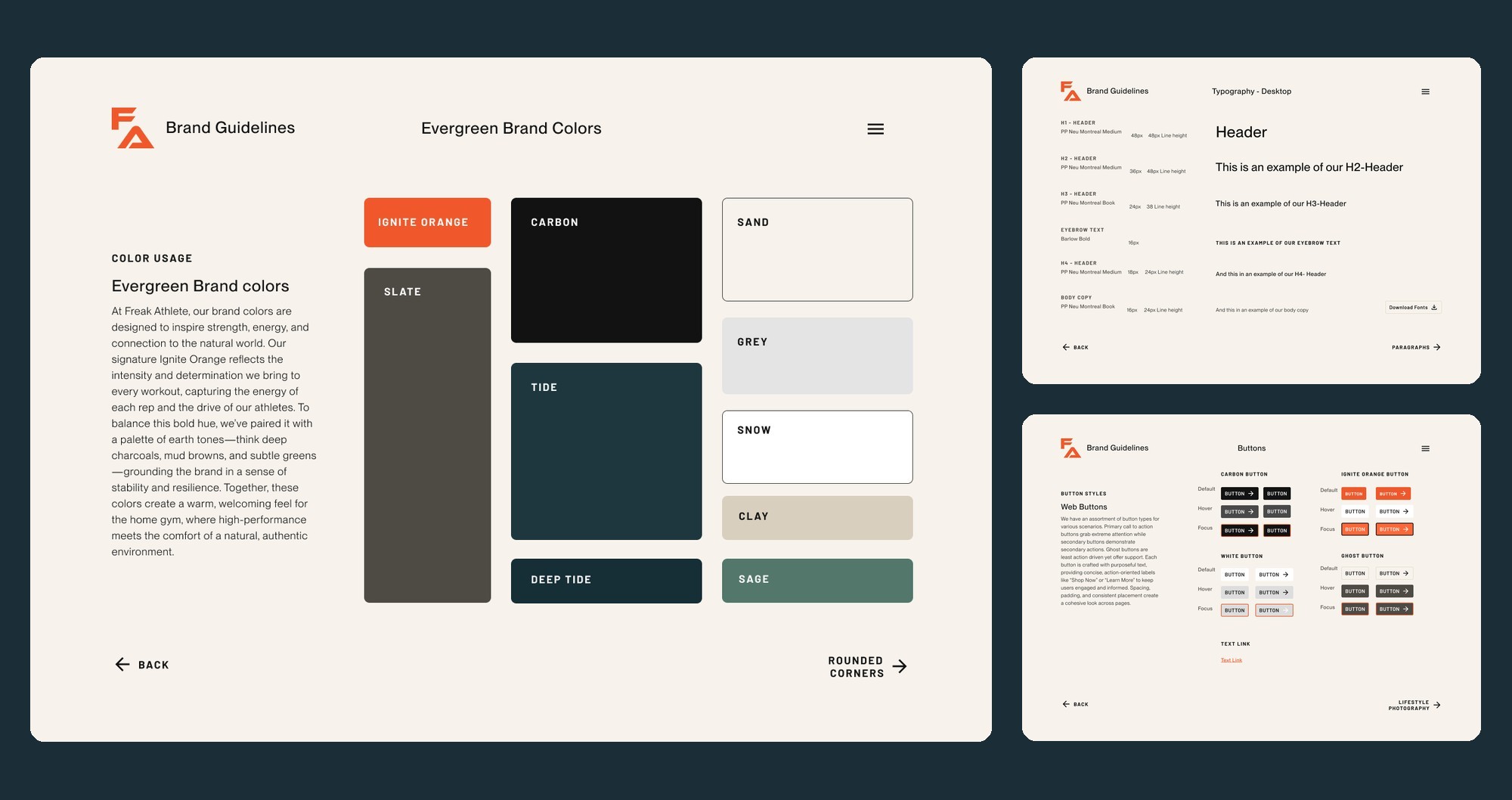 Freak Athlete brand guidelines applied across the pages: color, typography, and button states